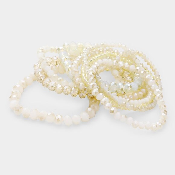 Ivory Mix 9PC NEW Glass Faceted Beaded Stretch Boho Bracelet SET - Picture 3 of 4